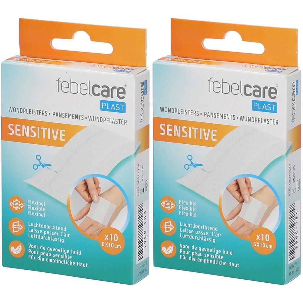 Deux paquets de pansements Febelcare Sensitive, 10x6cm.