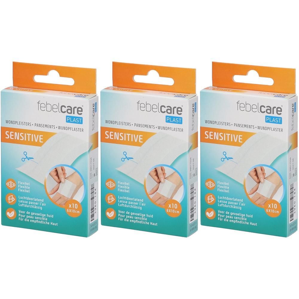 Trois paquets de pansements Febelcare Sensitive. Chaque paquet contient 10 pansements.