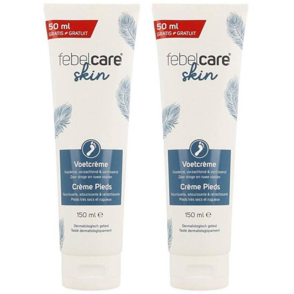 Twee tubes Febelcare voetcrème, 150 ml. Met veren-design.