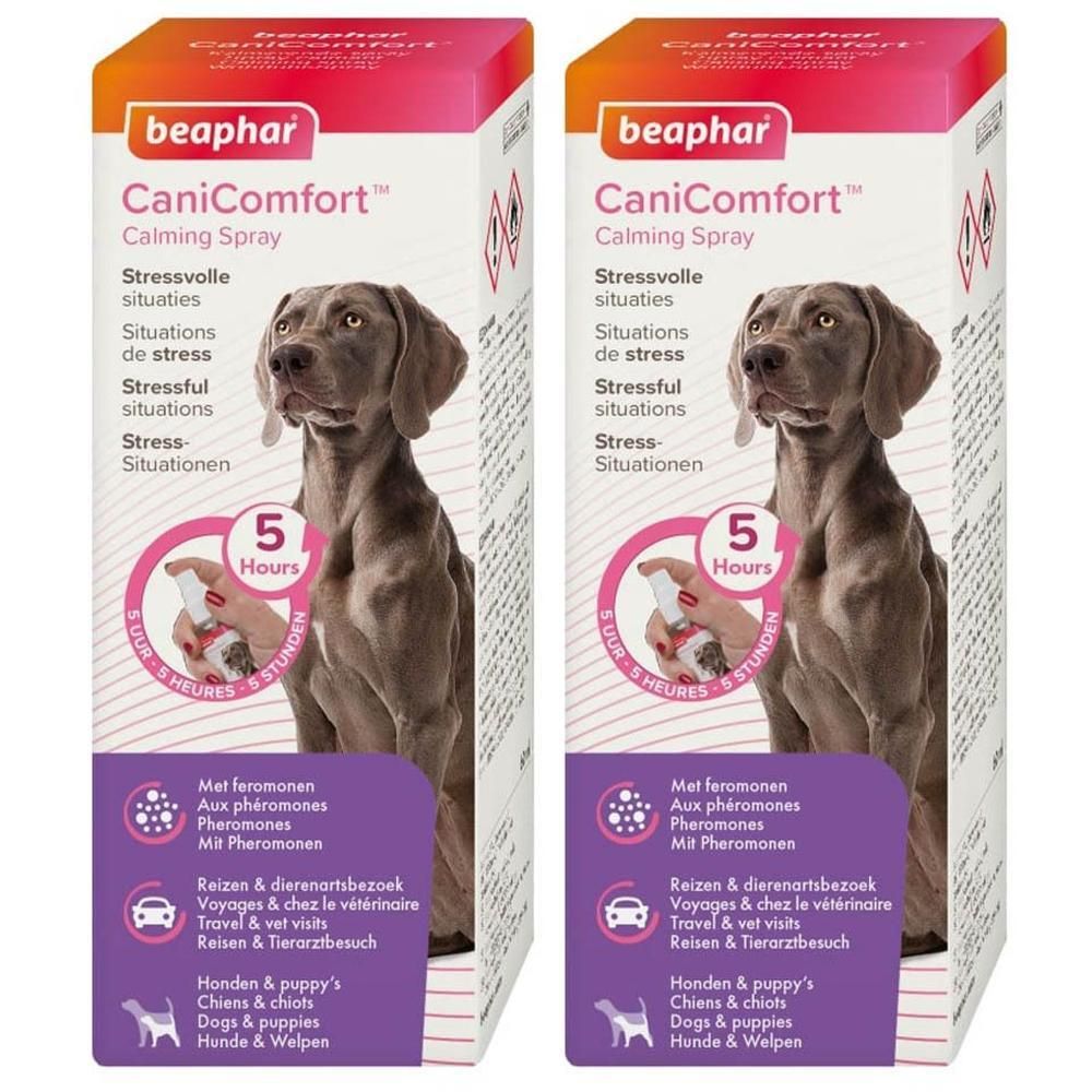 Deux paquets de spray calmant Beaphar CaniComfort avec image de chien et symboles phéromones.