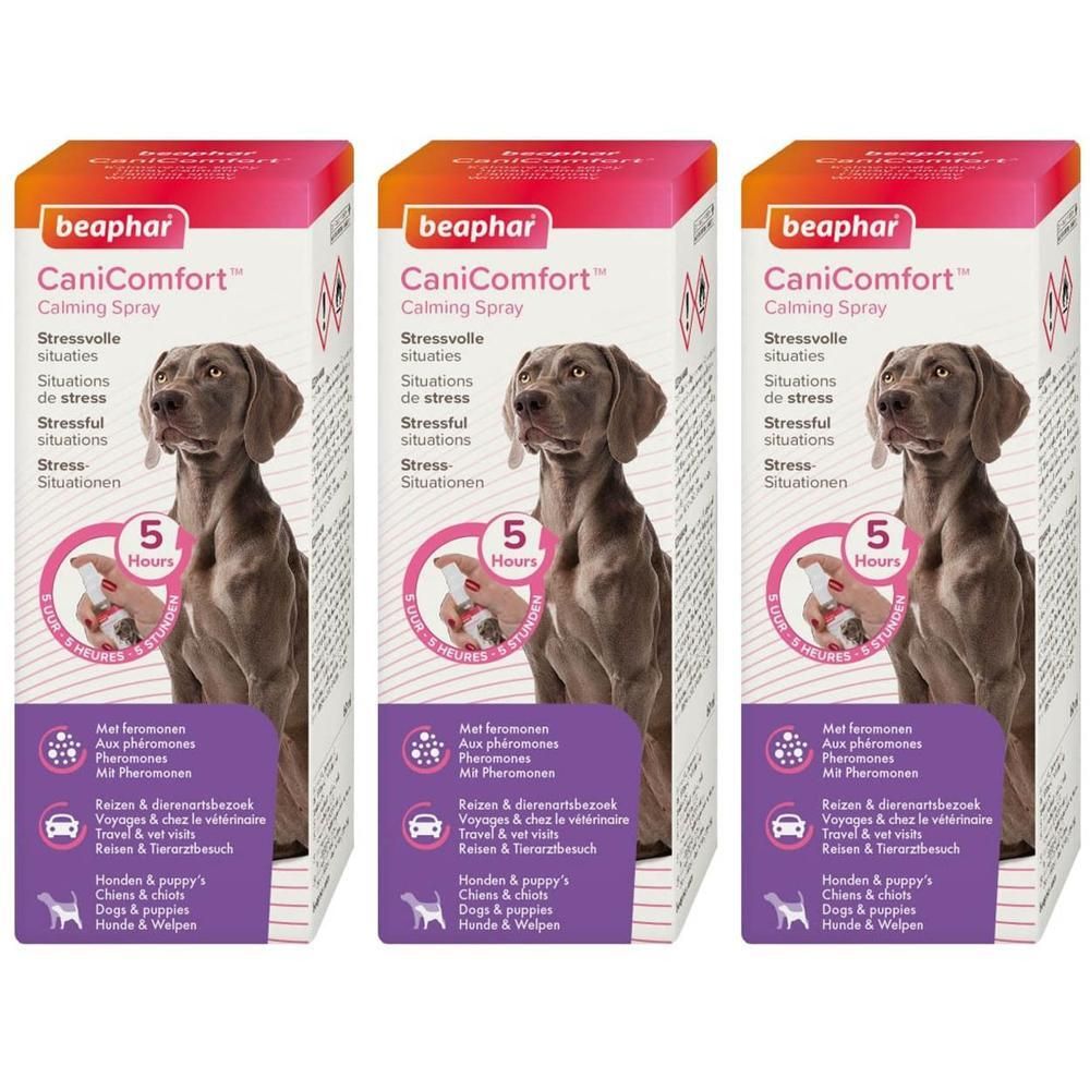 Emballage Beaphar CaniComfort Spray Calmante avec image de chien et symbole 5 heures.