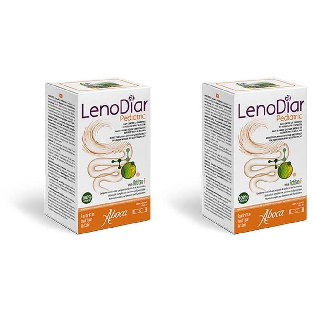 Deux boîtes de Aboca Lenodiar Pediatric avec symbole intestinal et logo Aboca.