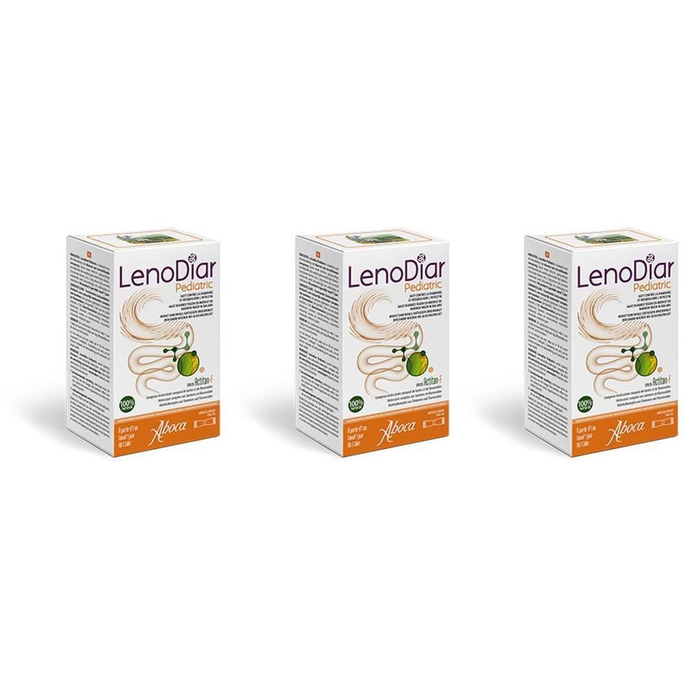 Trois boîtes de Lenodiar Pediatric avec logo Aboca et illustration du système digestif.
