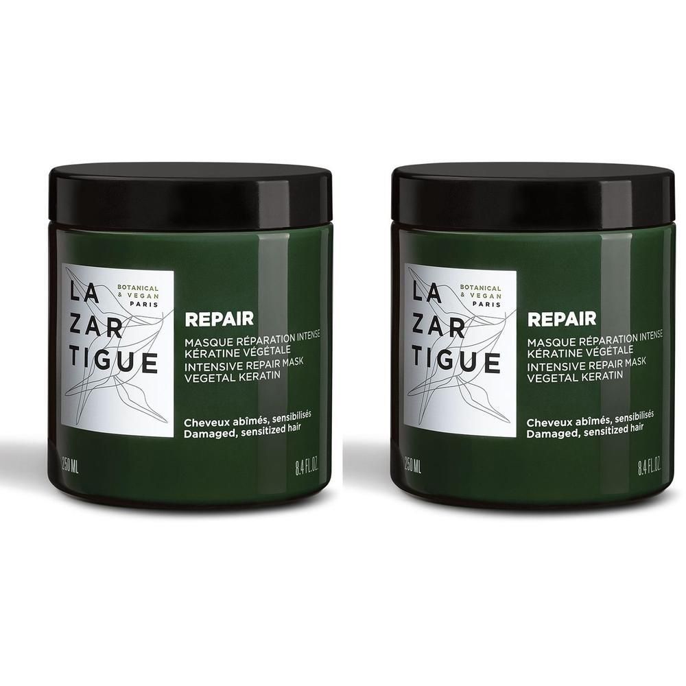 Twee Lazartigue Repair maskers met plantaardige keratine. Groene potten met zwarte deksels.