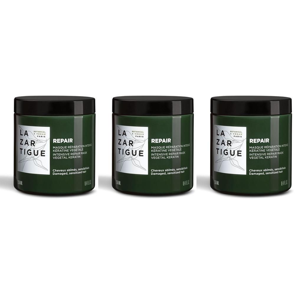 Trois pots verts à couvercle noir, Lazartigue Repair Masque.