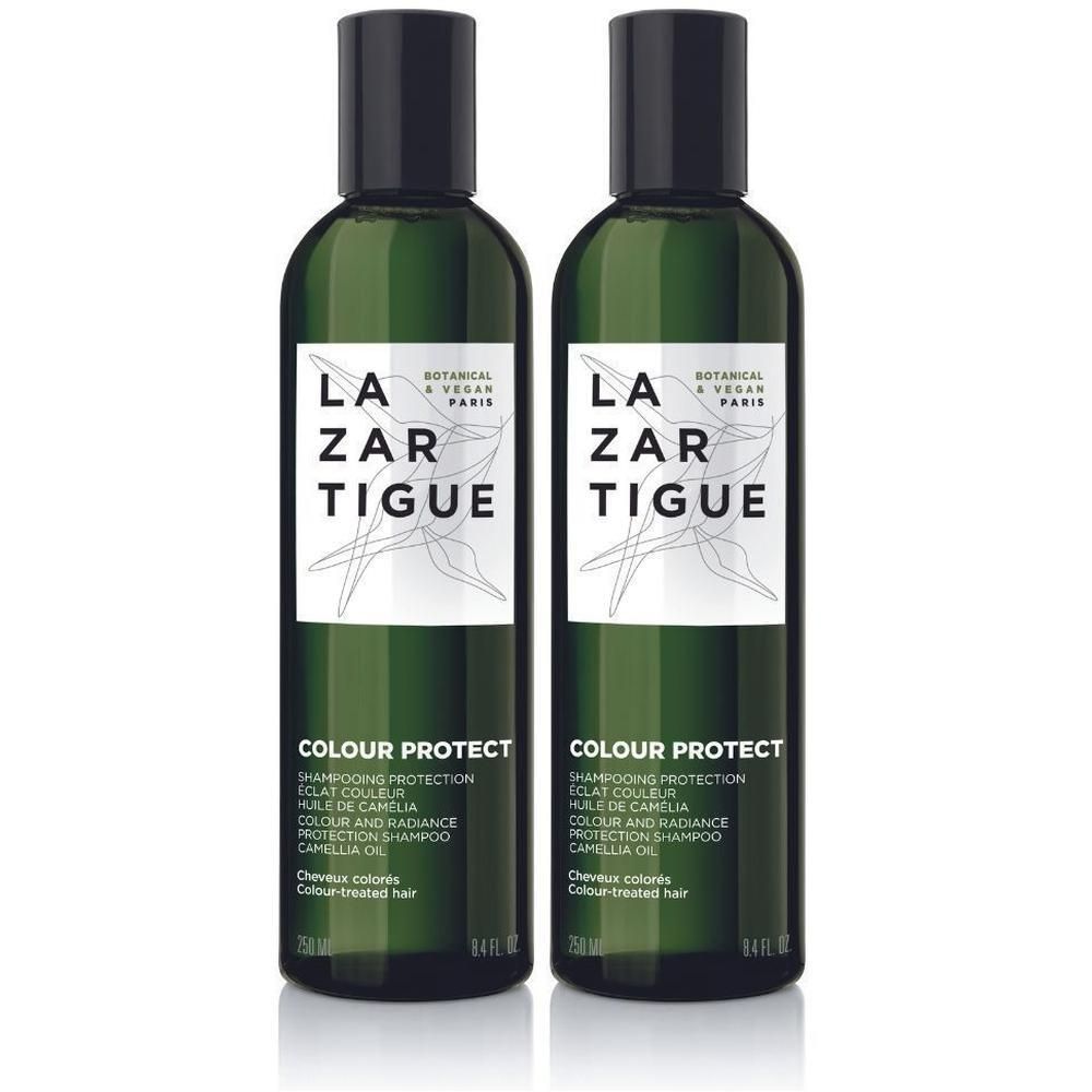 Twee flessen LAZARTIGUE Colour Protect Shampoo met cameliaolie. Voor gekleurd haar.