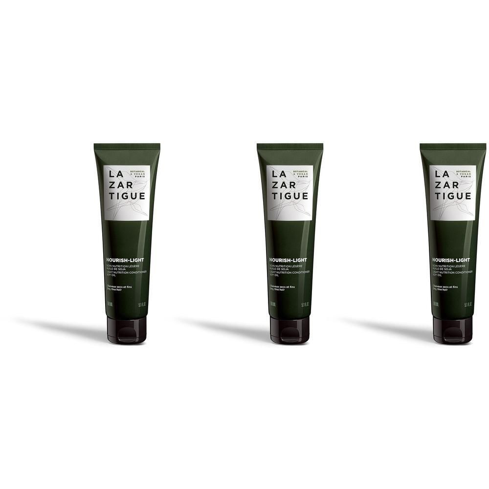 Drie groene tubes met Lazartigue Nourish-Light Soja Olie Verzorging.
