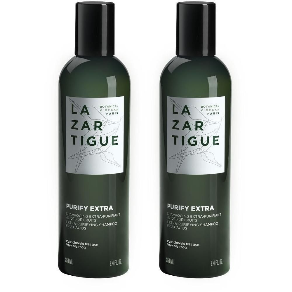 Deux flacons de Lazartigue Purify Extra Shampooing aux Acides de Fruits. Flacons vert foncé avec étiquette blanche.