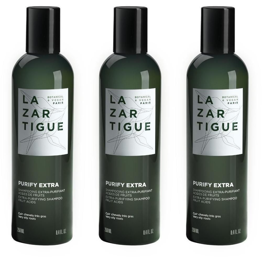 Trois flacons de Lazartigue Purify Shampooing Extra-Purifiant aux acides de fruits.