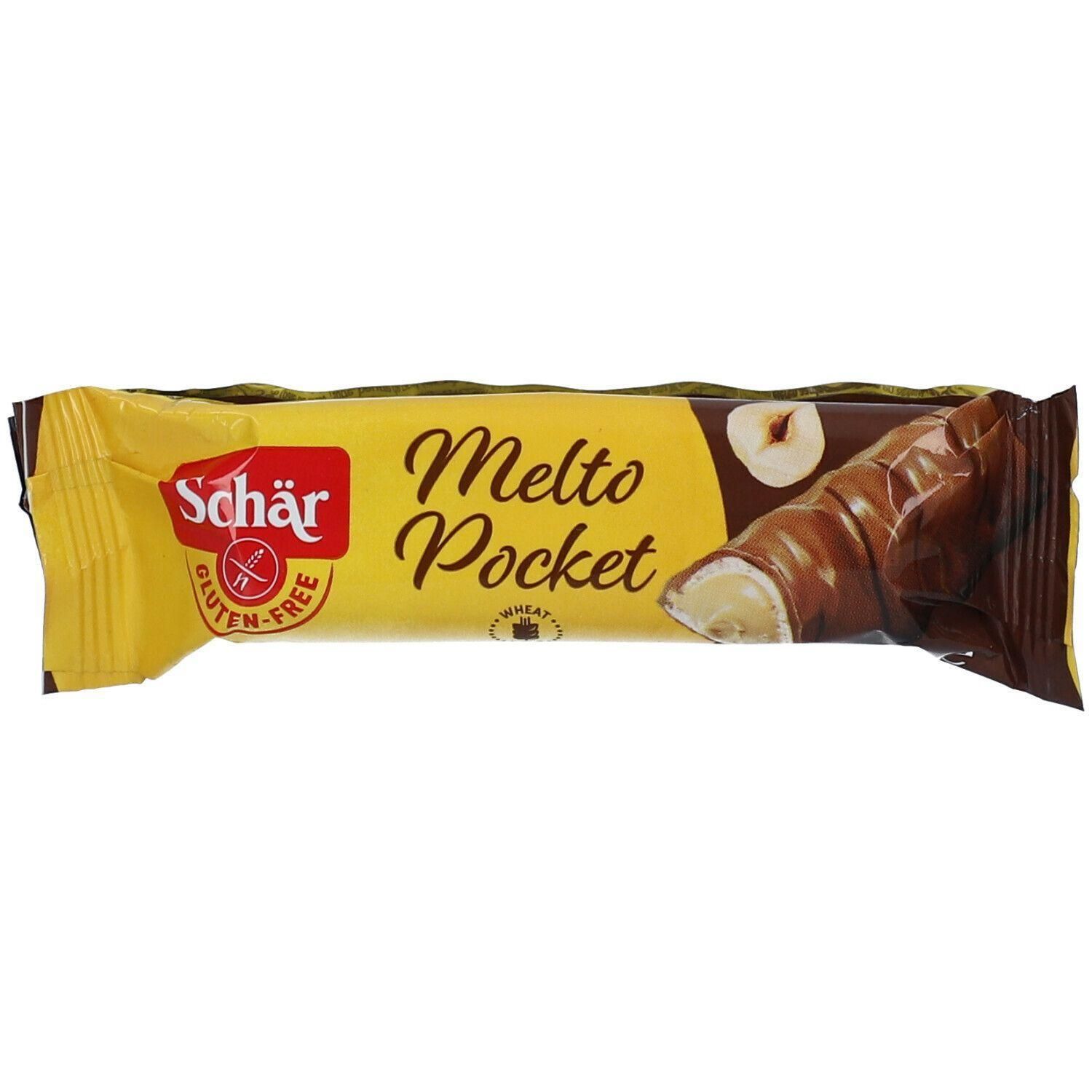 Schär Melto Pocket reep in gele verpakking met hazelnoot-chocolade omhulsel en een hazelnoot.