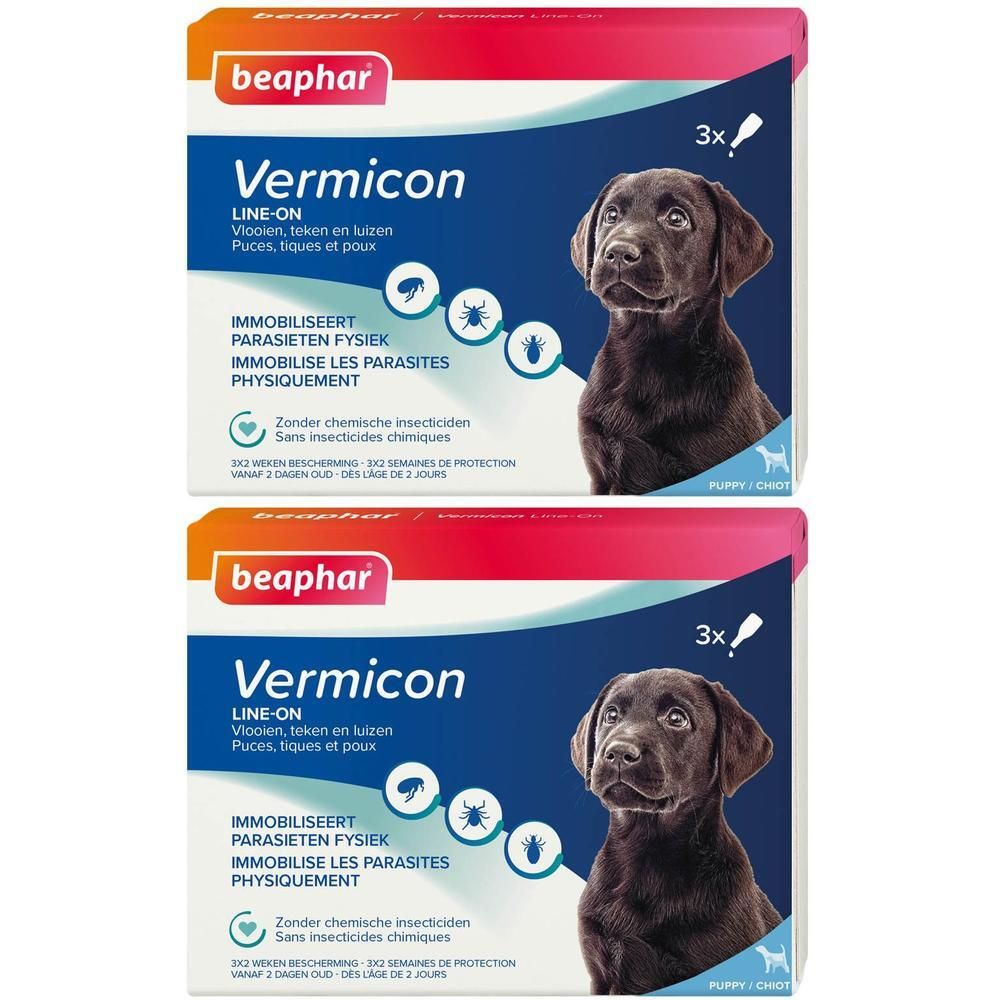 Twee verpakkingen Beaphar Vermicon Line-On voor puppy's met een afbeelding van een bruine labrador.