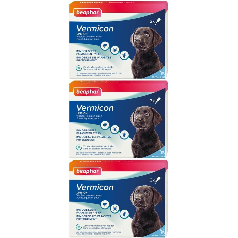 Drie verpakkingen Beaphar Vermicon Line-On voor puppy's met een afbeelding van een bruine puppy.