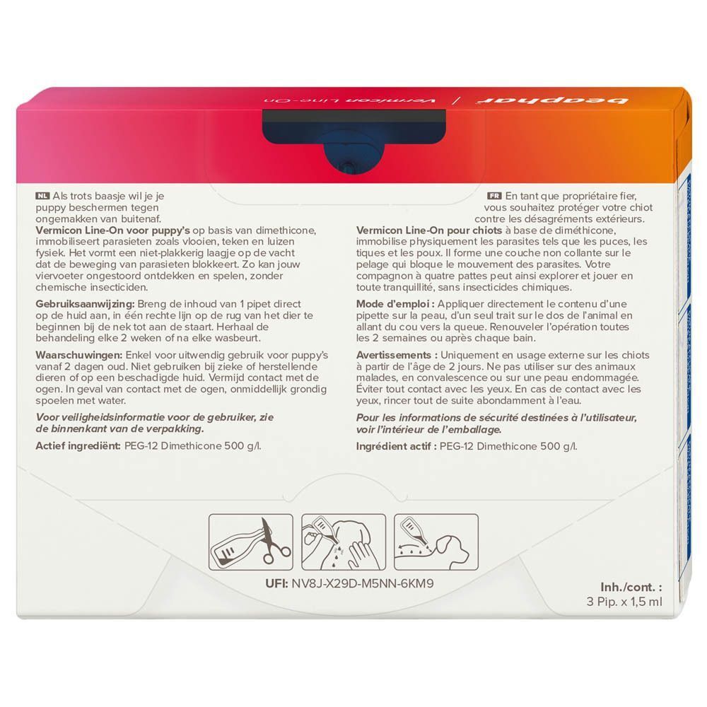 Arrière d'une boîte de Beaphar Vermicon Line-On pour chiots, avec instructions et ingrédients.