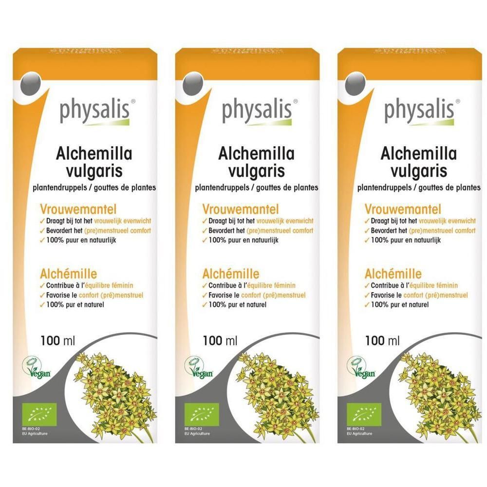 Drie verpakkingen Physalis Alchemilla Vulgaris druppels, 100ml. Met Bio en Vegan keurmerk.