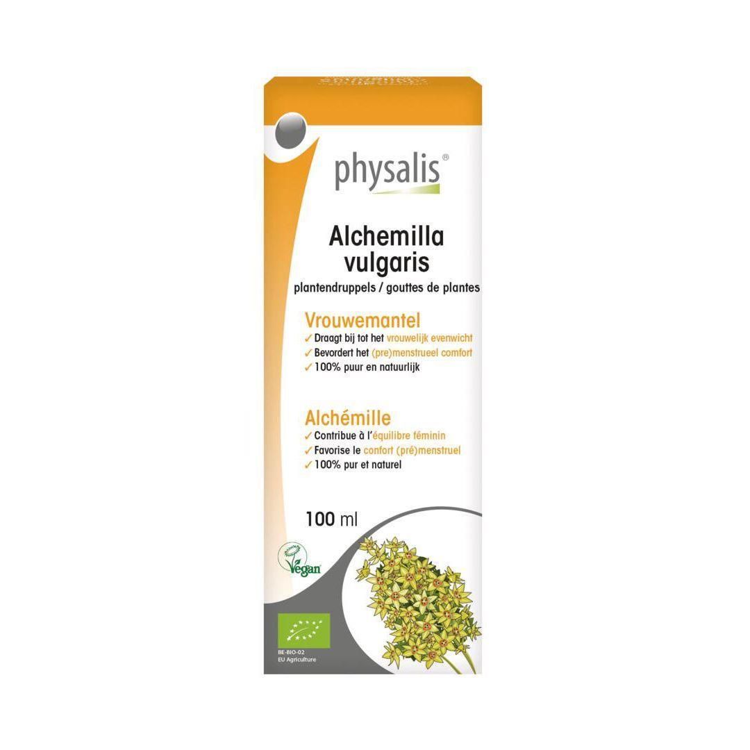 Physalis Alchemilla Vulgaris druppels: 100 ml fles met bio-keurmerk en plantafbeelding.