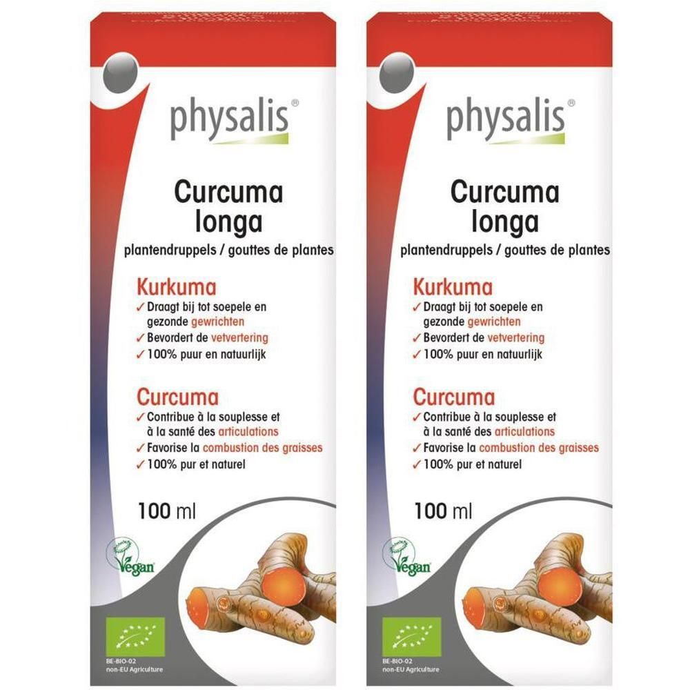Deux flacons de Physalis Curcuma Longa, 100 ml. Illustration de racine de curcuma.