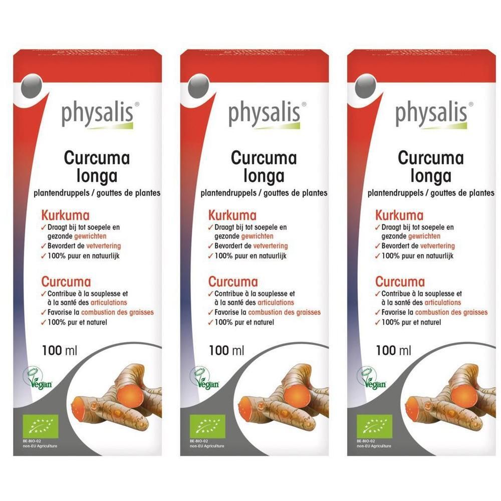 Trois flacons de Physalis Curcuma Longa avec image de racine de curcuma et label bio.