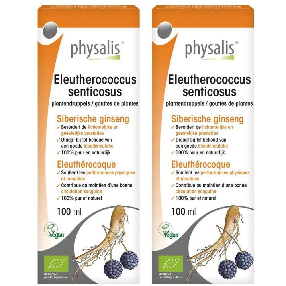 Twee flessen Physalis Eleutherococcus Senticosus, 100 ml. Met wortel en bessen.