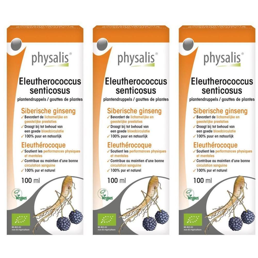 Trois flacons Physalis Eleutherococcus Senticosus, 100 ml. Image de racine de ginseng et de baies. Logos Bio et Vegan.