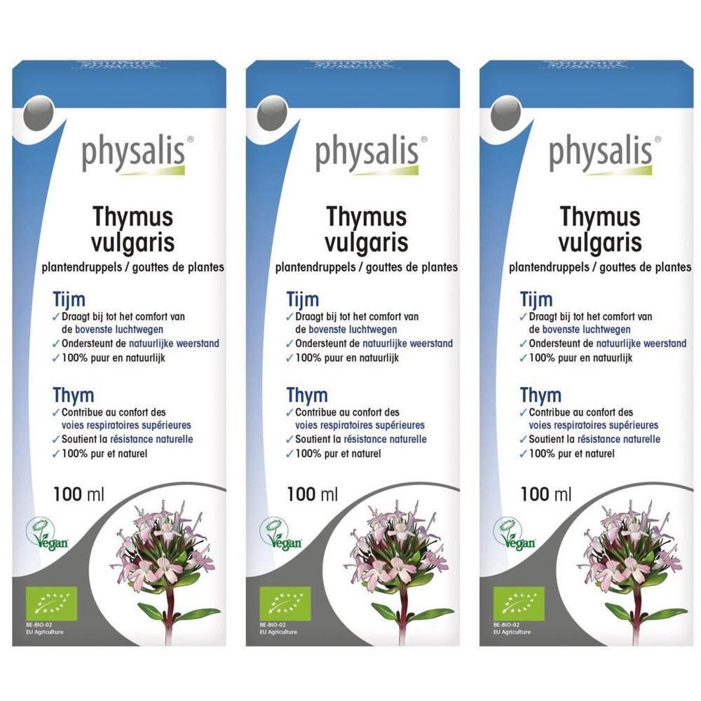 Drie verpakkingen Physalis Thymus Vulgaris druppels, 100 ml. Met plantafbeelding en bio-keurmerken.
