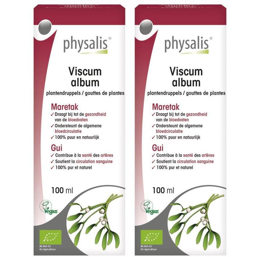 Deux flacons Physalis Viscum Album, 100 ml. Avec branches de gui et label bio.