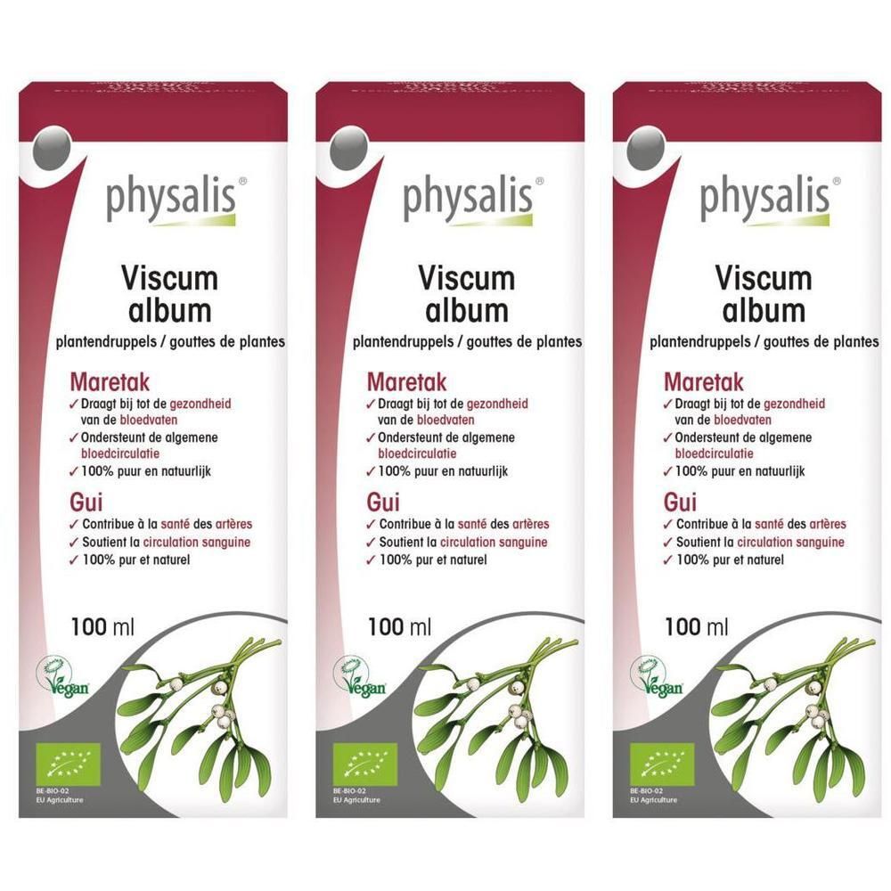 Trois flacons de gouttes Physalis Viscum Album, 100 ml. Labels Bio et Vegan.