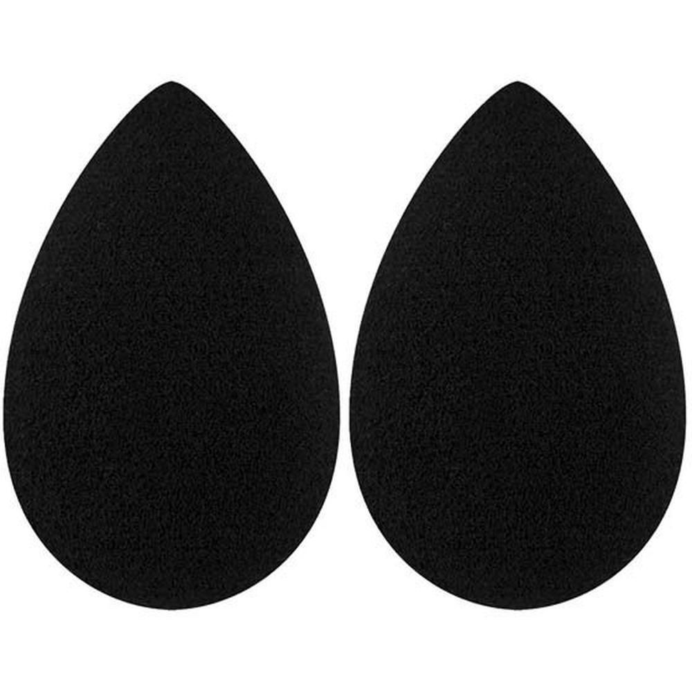 Deux éponges de maquillage noires en forme de goutte.