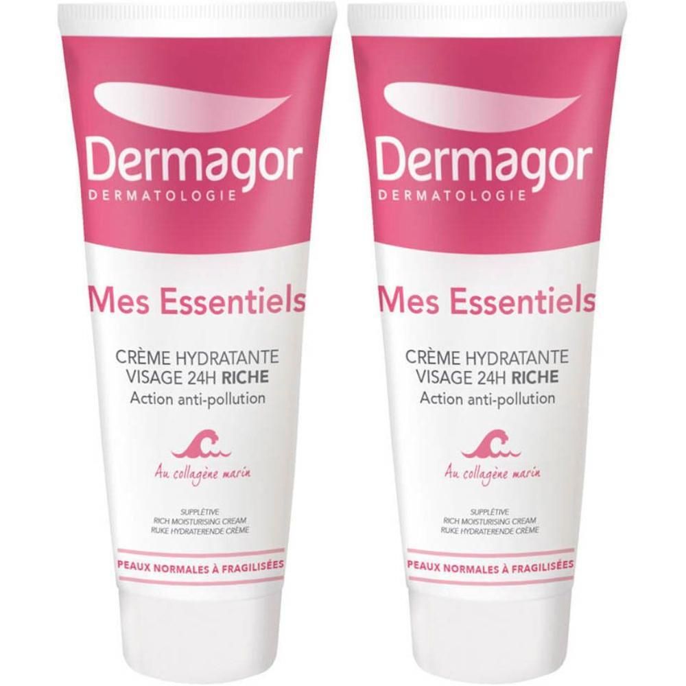 Twee tubes Dermagor Mes Essentiels rijke gezichtsverzorging met vochtinbrengende crème.