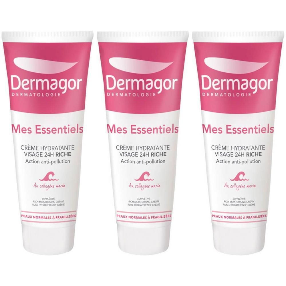 Drie tubes Dermagor Mes Essentiels gezichtscrème met zeecollageen. Rijke vochtinbrengende crème.