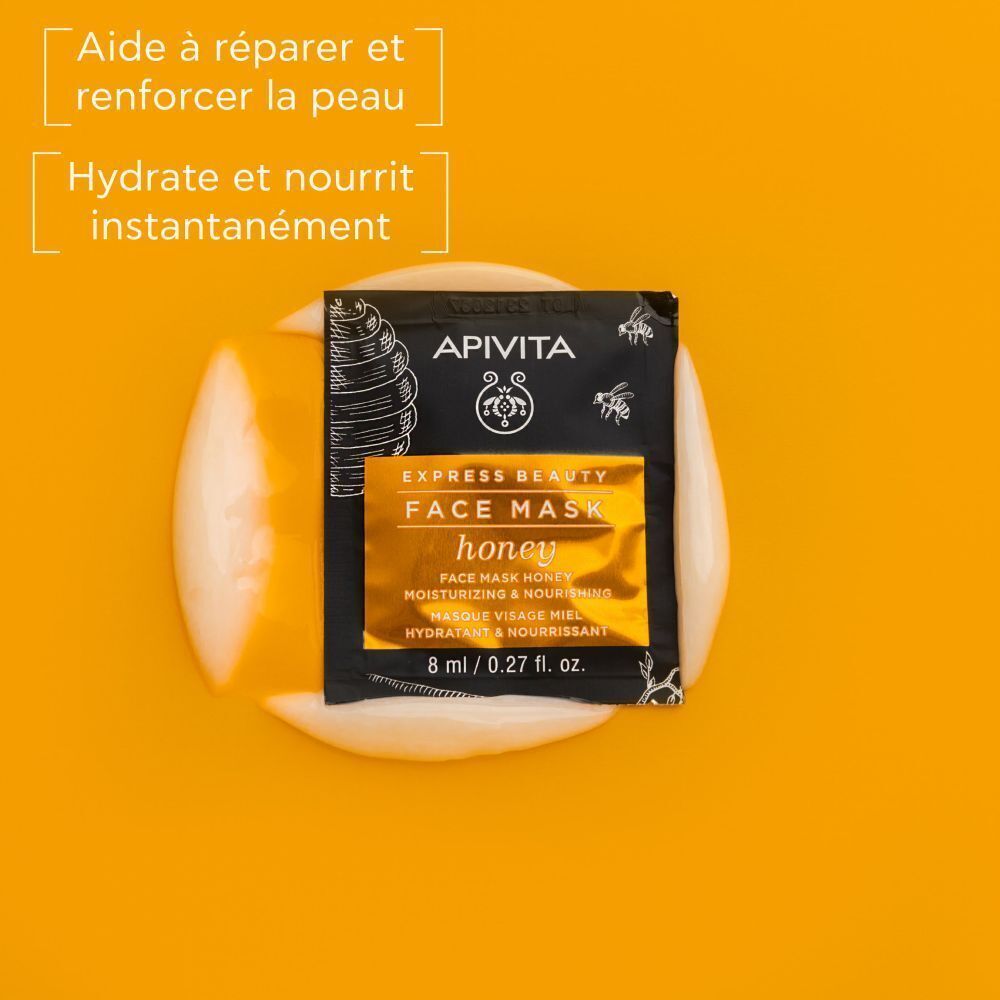 Masque facial Apivita Express Beauty au miel (8ml) sur une base crémeuse.