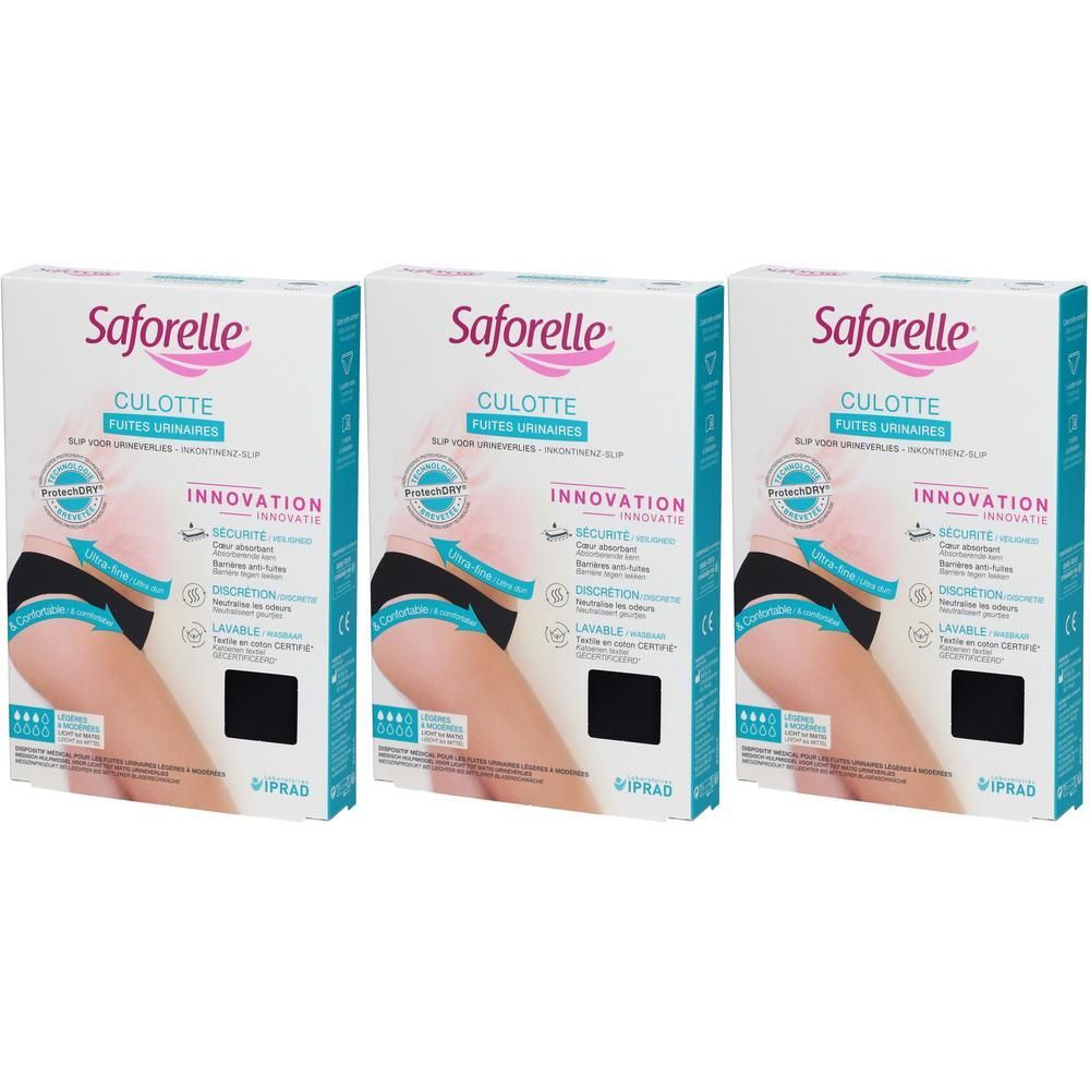 Drie pakken Saforelle slips voor urineverlies, maat 38, zwart.