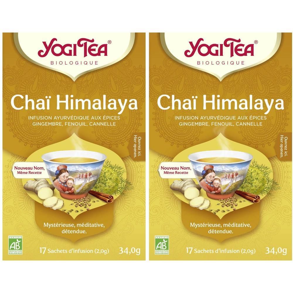 Deux paquets de Yogi Tea Chaï Himalaya, infusion bio aux épices, gingembre, fenouil, cannelle.