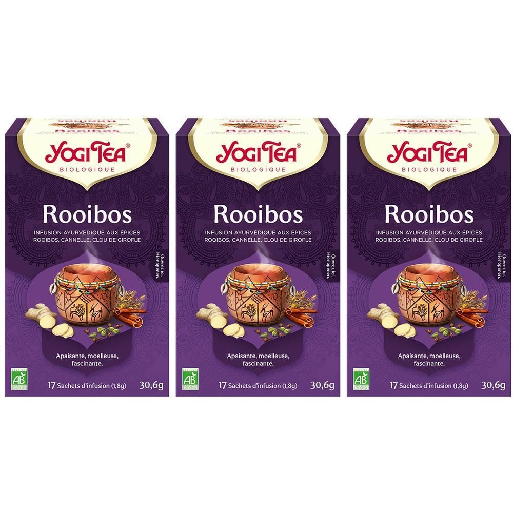 Drie pakken Yogi Tea Rooibos Bio met 17 zakjes. Met gember, kaneel en kardemom.