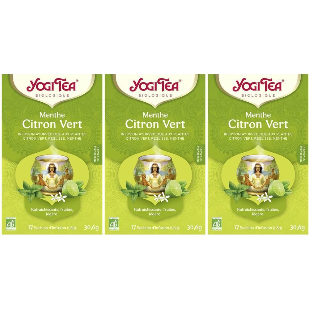 Trois paquets de Yogi Tea Menthe Citron Vert, biologique, aux herbes et à la lime.