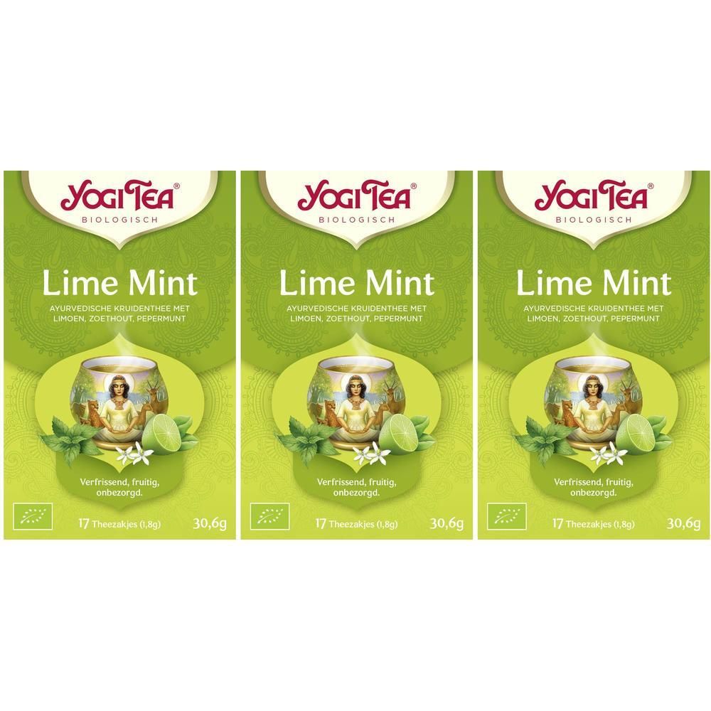 Drie pakken Yogi Tea Lime Mint, biologisch, met kruiden en limoen.