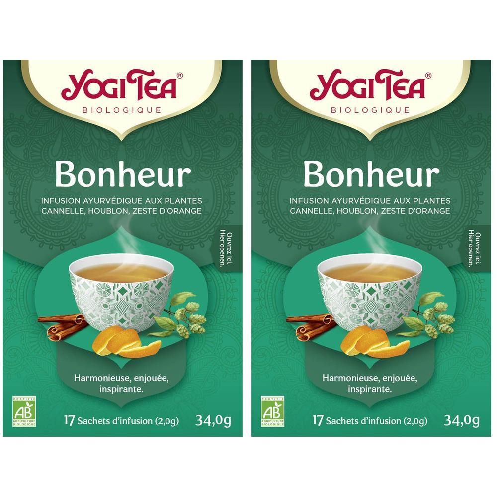 Deux paquets de Yogi Tea "Bonheur" infusion bio aux plantes, cannelle, houblon, zeste d'orange.