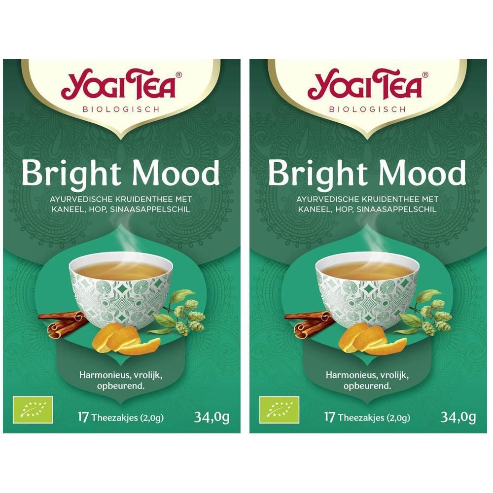 Twee pakken Yogi Tea "Bright Mood" biologische kruidenthee met kaneel, hop en sinaasappelschil.