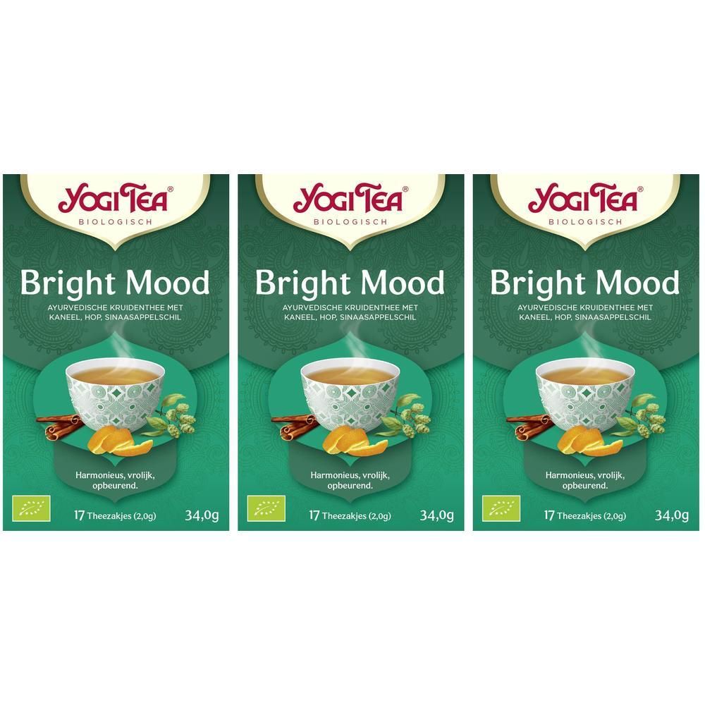 Drie pakken Yogi Tea Bright Mood kruidenthee met kaneel, kardemom en sinaasappelschil.