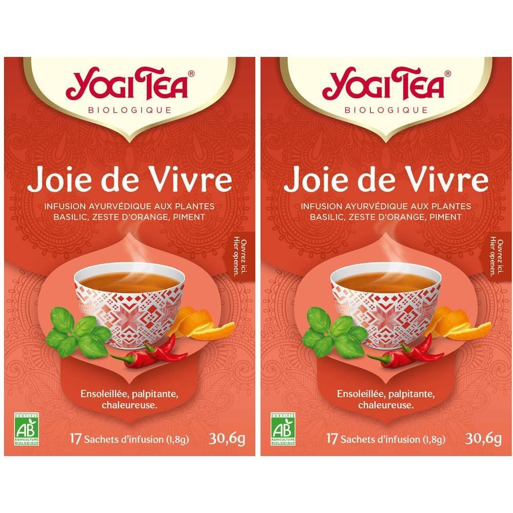Deux paquets de Yogi Tea Joie de Vivre Bio infusion aux plantes avec basilic, zeste d'orange et piment. Contient 17 sachets.