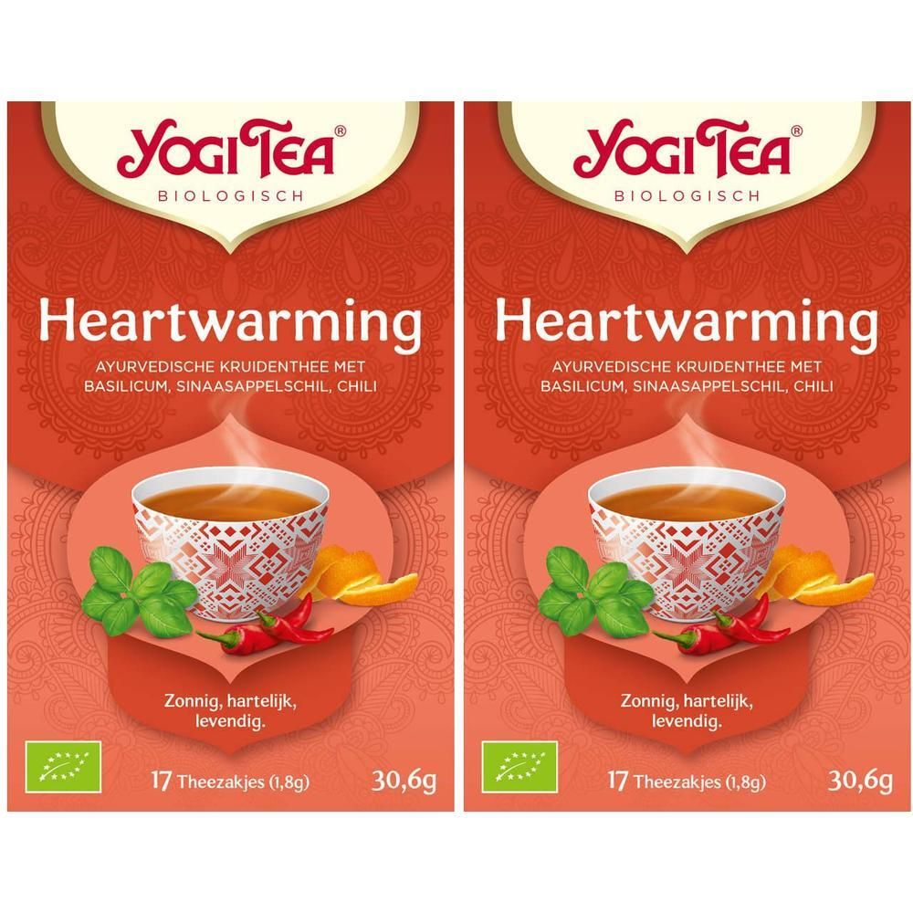Twee pakken Yogi Tea Heartwarming biologische kruidenthee met basilicum, sinaasappelschil en chili. Bevat 17 theezakjes.