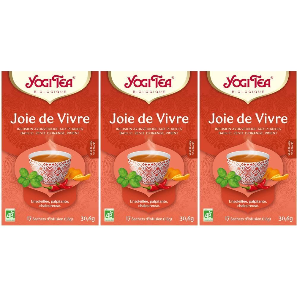 Trois paquets de Yogi Tea "Joie de Vivre" aux herbes, basilic, zeste d'orange et piment.