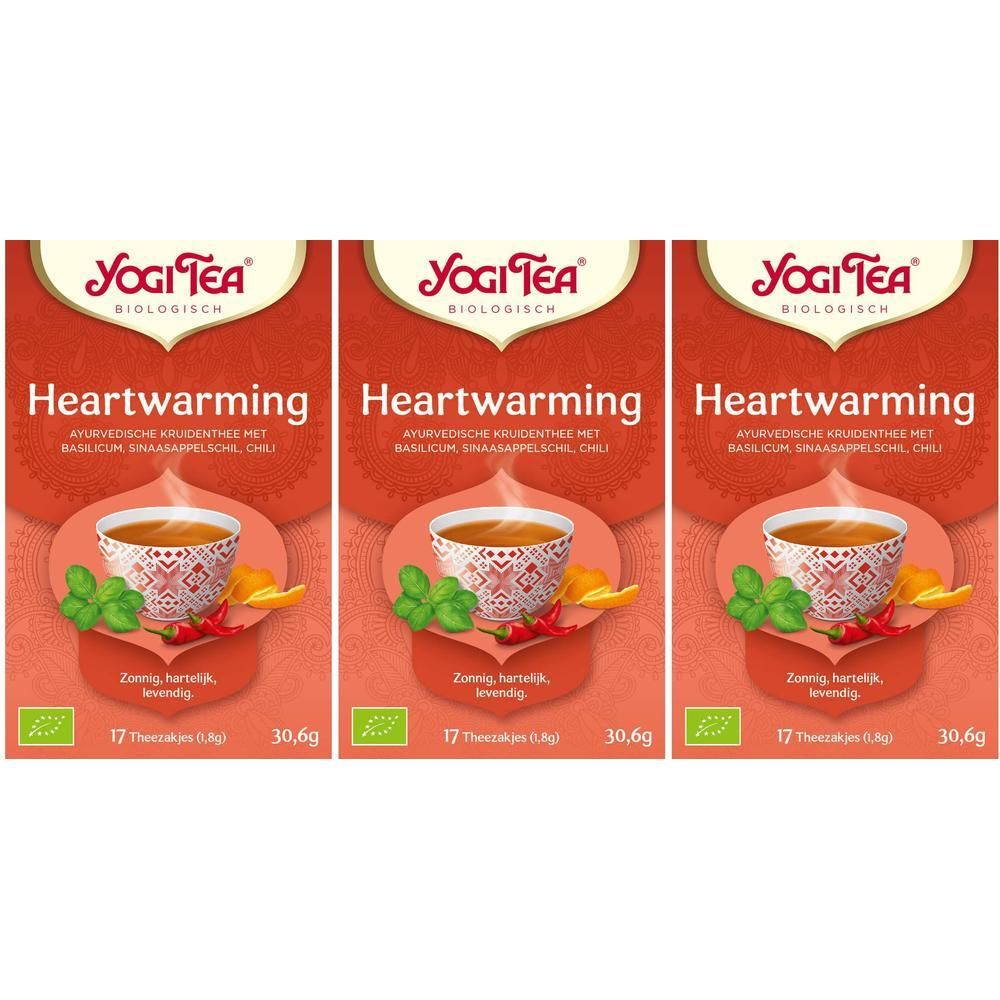 Drie pakken Yogi Tea "Heartwarming" met basilicum, appel en chili.
