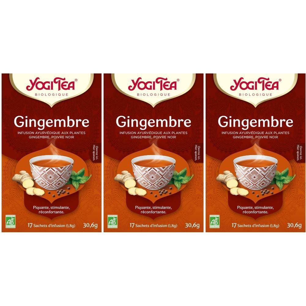 Trois paquets de Yogi Tea Gingembre, biologique. Avec gingembre, menthe et poivre noir.