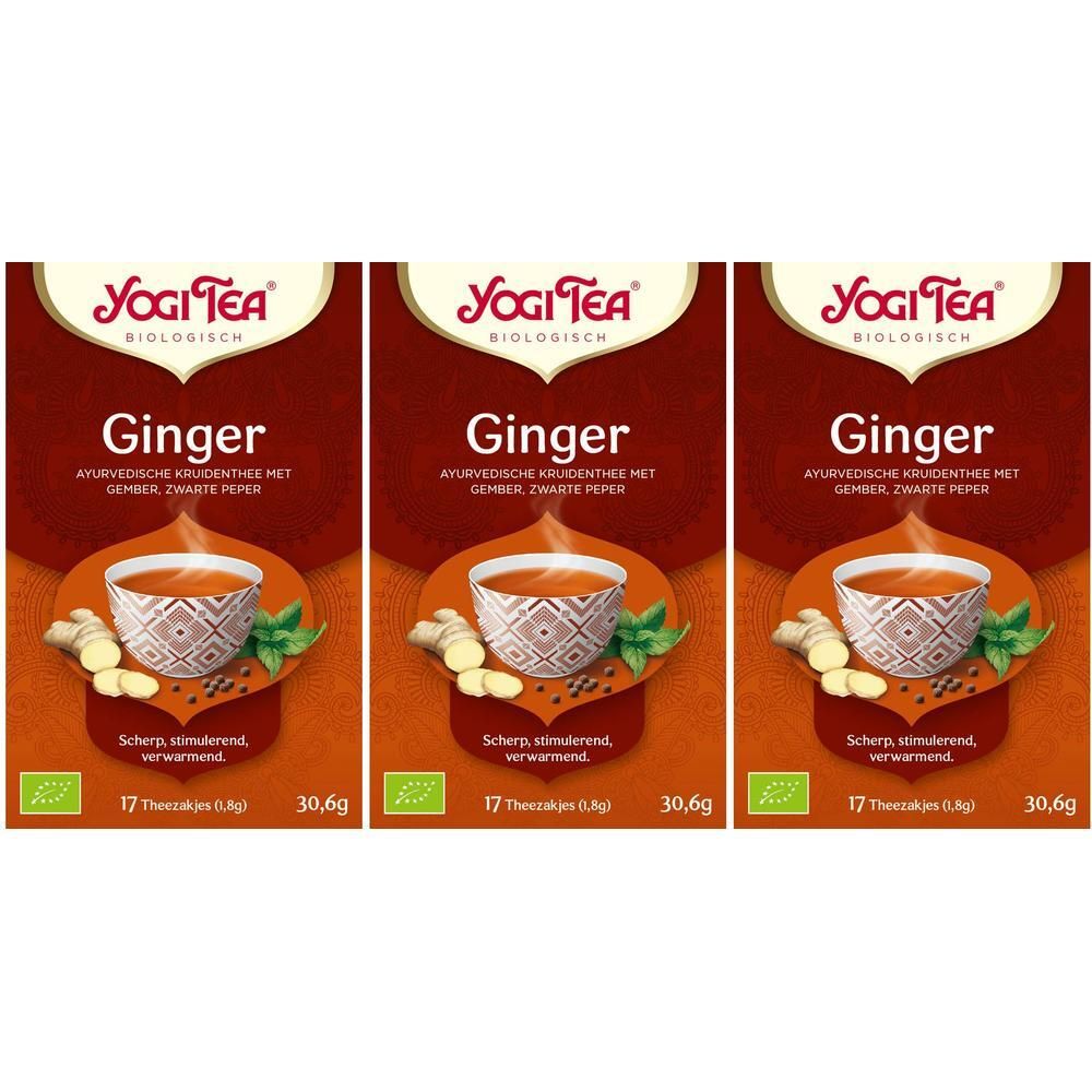 Drie pakken Yogi Tea Gember, biologisch. Met gember, munt en zwarte peper.