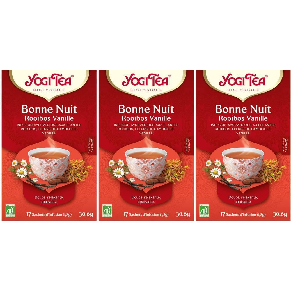 Yogi Tea Bio Bonne Nuit Rooibos Vanille, paquet de 17 sachets. Paquet rouge avec tasse et herbes.