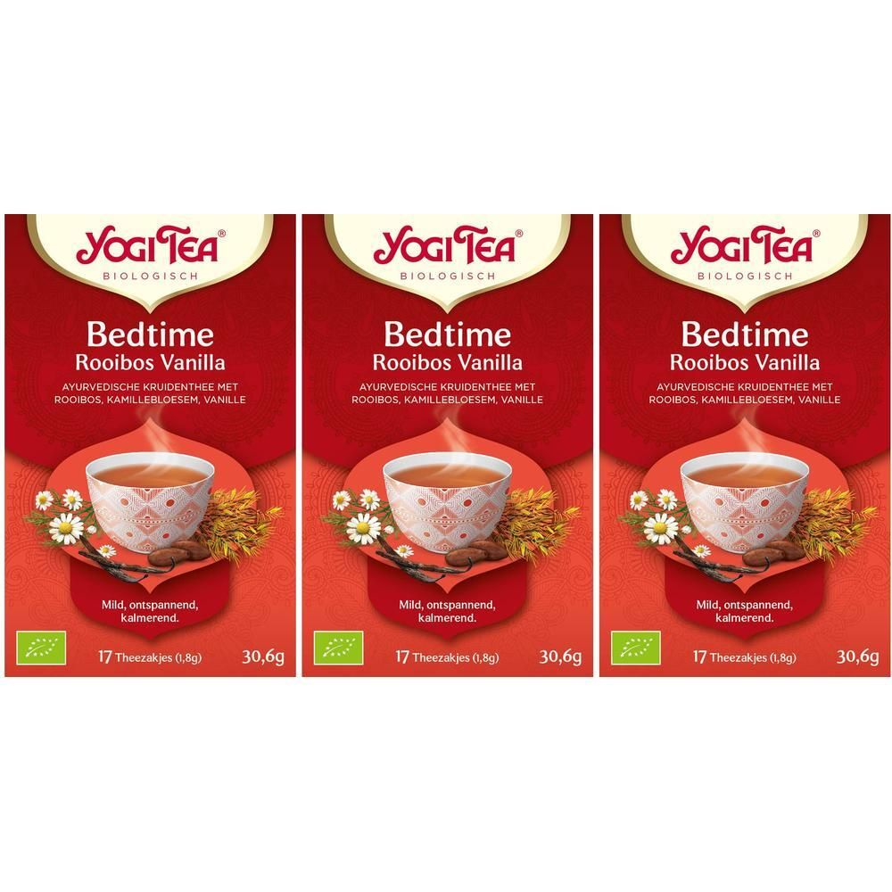 Yogi Tea Bio Bedtime Rooibos Vanille, verpakking van 17 zakjes. Rode verpakking met kopje en kruiden.
