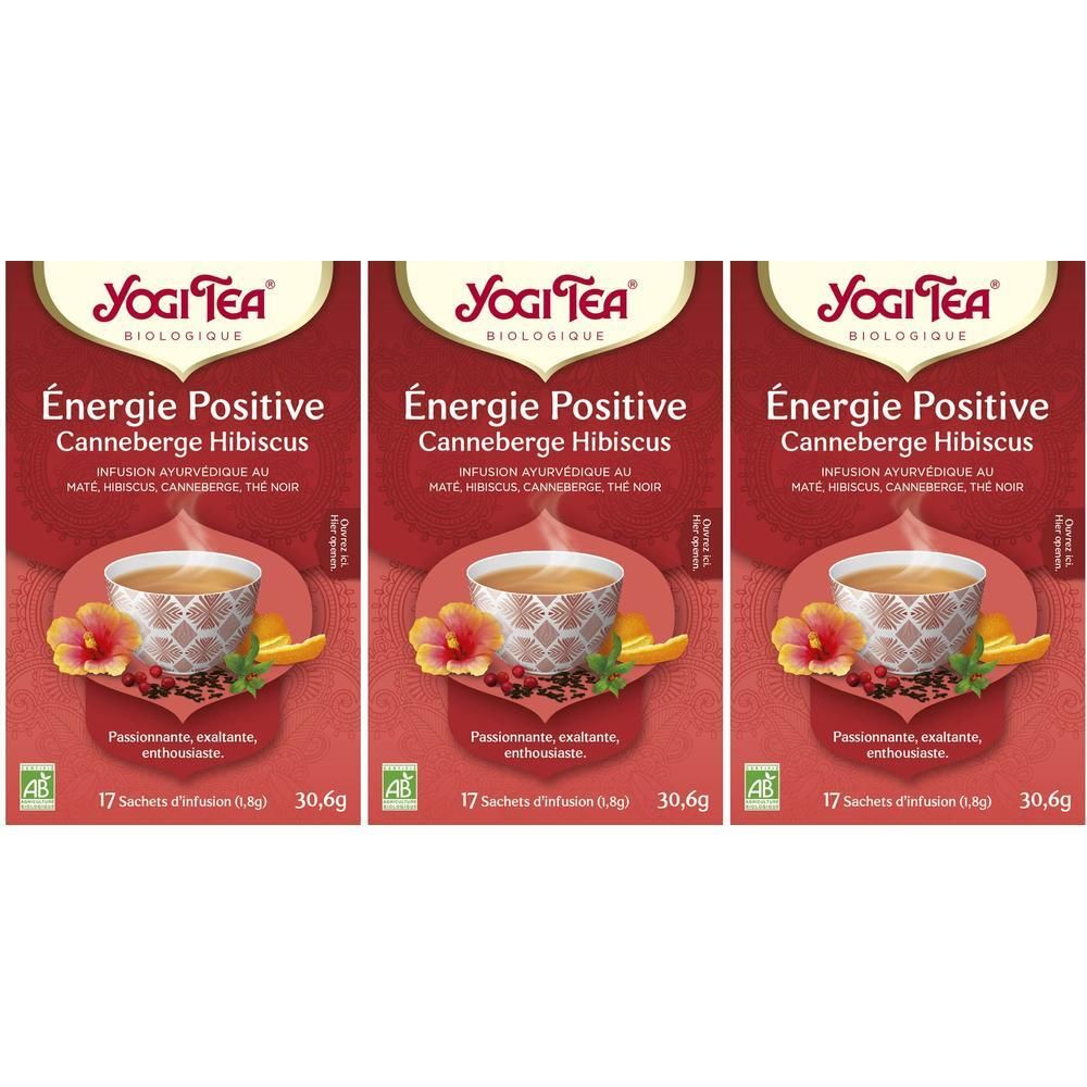Yogi Tea Énergie Positive infusion ayurvédique avec hibiscus et cranberry. Boîte de 17 sachets.