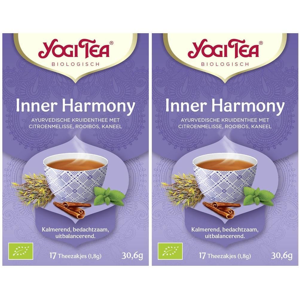 Yogi Tea Inner Harmony biologische kruidenthee verpakking met twee pakken, elk met een kop thee, kaneelstokjes en kruiden.