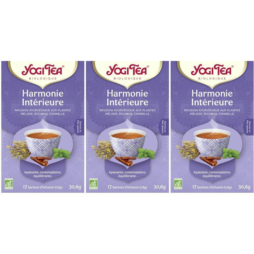 Trois paquets de Yogi Tea Harmonie Intérieure, infusion ayurvédique aux plantes avec mélisse, rooibos et cannelle.