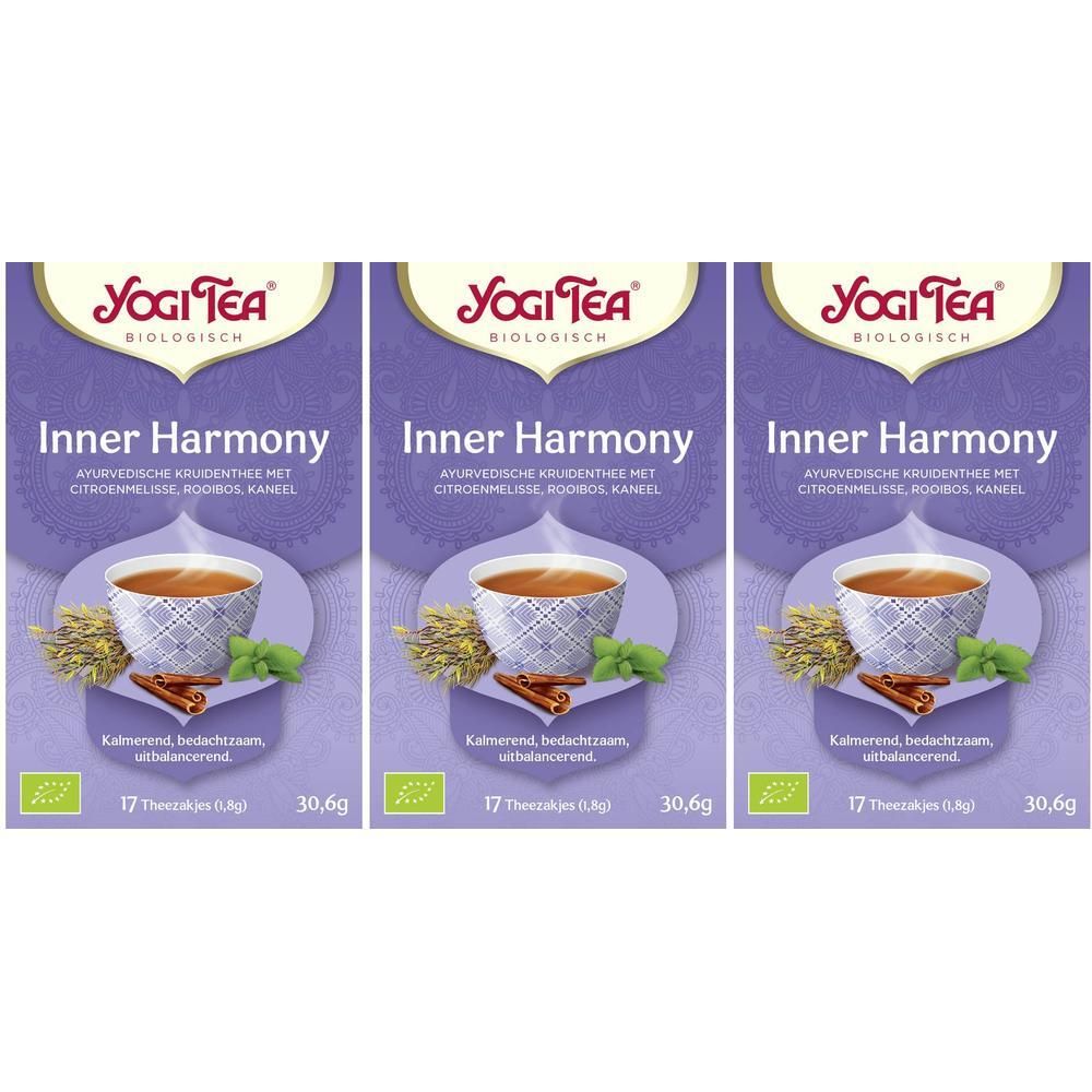 Drie pakken Yogi Tea Inner Harmony, ayurvedische kruidenthee met citroengras, rooibos en kamille.